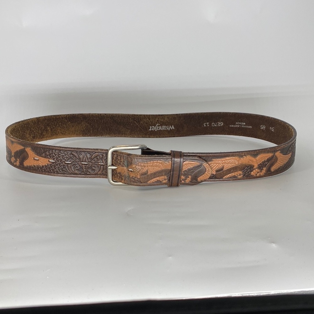 Wrangler Brown Leather Tooled Belt with Tan Inlay